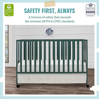 Quinn Full-Size Folding Crib in Olive, Removeable Wheels, Modern Nursey, Adjustable Mattress Support, Portable Crib, Patented Folding System