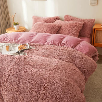 Old Pink Plush Fluffy Comforter Cover Set Queen - Ultra Soft Faux Fur Old Pink Bedding Sets 3 Pieces (1 Fuzzy Duvet Cover + 2 Pillow case) Shaggy Bed Set (Old Pink, Queen)