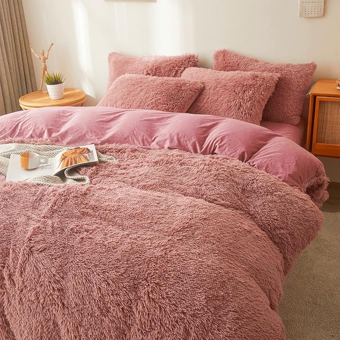 Fluffy old pink comforters Cover twin size - Ultra Soft Plush old pink bedding Sets 2 Pieces (1 faux fur comforter Cover + 1 fuzzy pillow case) girls shaggy old pink twin bed set (Old Pink, Twin)