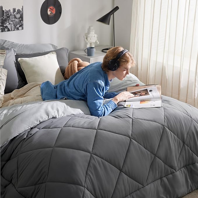Bedsure Dark Grey Queen Comforter Set - 7 Pieces Reversible Queen Bed in a Bag, Queen Bed Set Dark Grey with Comforters, Sheets, Pillowcases & Shams
