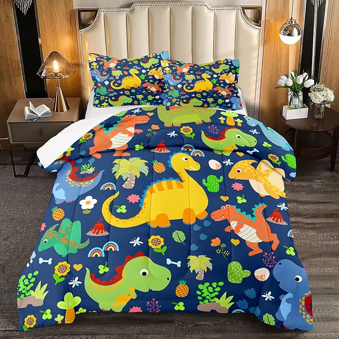 Dinosaur Comforter Set Queen, Dinosaur Bedding Set Queen for Boys Teens Room Dinosaur Blue Queen Size Comforter Sets Boys Queen Comforter Set Bedroom Decor, Queen (1 Comforter 2 Pillowcases)