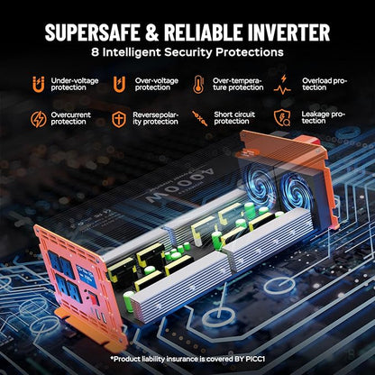 4000 Watt Power Inverter 12V DC to 110V/120V AC Converter Peak Power 8000W Car Inverter with LCD Display 2 AC Outlets USB Port Cables Included for RV,Truck,Off-Grid Solar System Remote Controller