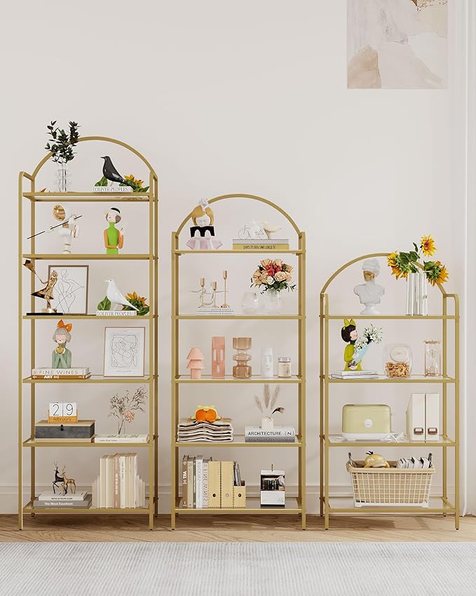 Bookcase Bookshelf, Tempered Glass Bookshelves, Slim Shelving Unit for Bedroom, Bathroom, Home Office, Steel Frame, 6 Tier Gold BC21699G