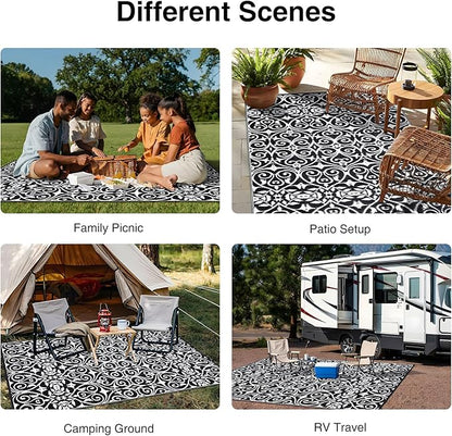 OLANLY Outdoor Rug Waterproof 8x10 ft Clearance, Reversible Outdoor Plastic Straw Rug with Floral Pattern, RV Mat for Patio, Camping, Balcony, Deck, Backyard, Black & White