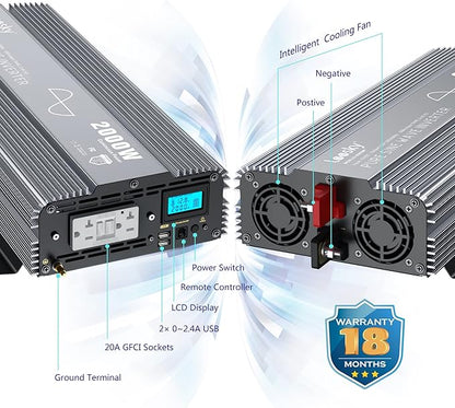 2000W Pure Sine Wave Power Inverter 12V DC to 120V AC with LCD Display Remote GFCI Outlets FCC Approved Compatible with Lithium Battery Starlink for Solar Off-Grid Home Car RV Truck LEESKY