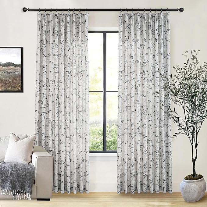 Pinch Pleated Floral Linen Curtains 2 Panels Elegant Light Filtering Privacy Drape,52 Inch Wide by 108 Inch Long Curtains Suitable for Living Rooms and Bedrooms