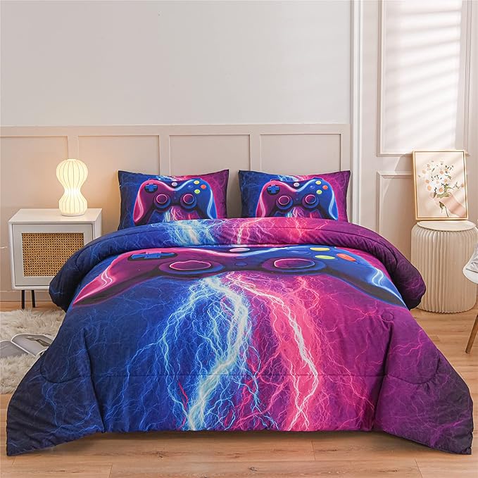 Meeting Story Gamer Gaming Bedding Sets Red Blue Lightnings Gamepad Comforter Set for Boys Games Console Action Buttons Novelty Colorful Modern Room Decor Home Quilt Set (Blue-Purple, Queen)