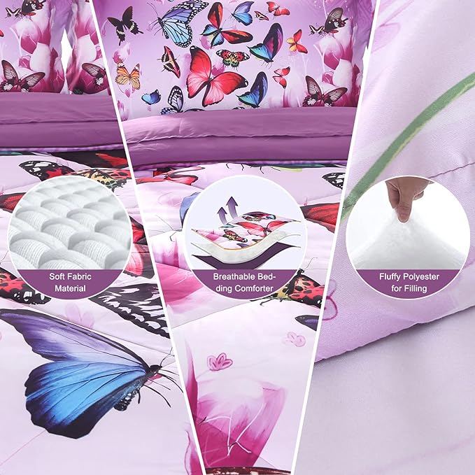 ENCOFT Purple Butterfly Comforter Sets Full Size 3 Pieces, Girls Teen Kids Quilted Bedspread Comforter Bedding Sets, Butterfly Bedding Sets Full