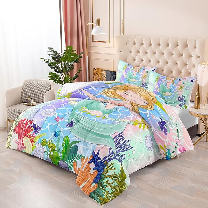 CVHOUSE Mermaid Comforter Set,Ocean Sea Mermaid Bedding Set for Girls Kids Teens,Mermaid Comforter Butterflies Duvet Set Room Decor Quilt Set Full Size