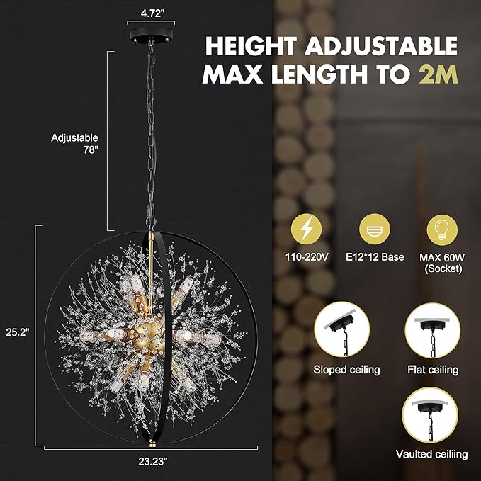 Modern Crystal Chandeliers Firework, 23.2'' Black Gold 12-Light Globe Dandelion Sputnik Chandelier, Hanging Pendant Lighting Fixture for Dining Room, Bedroom, Kitchen, Entryway, Foyer