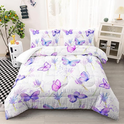 Purple Butterfly Comforter Set Full Size for Girls Kids Adults Lavender Flowers Pattern Bedding Set Aesthetics Butterflies Quilt Bed Set with 1 Comforter and 2 Pillowcases
