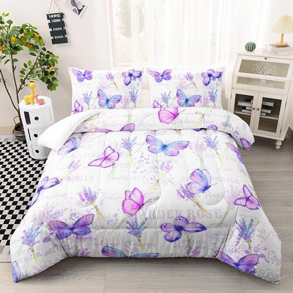 Purple Butterfly Comforter Set Queen Size for Girls Kids Adults Lavender Flowers Pattern Bedding Set Aesthetics Butterflies Quilt Bed Set with 1 Comforter and 2 Pillowcases