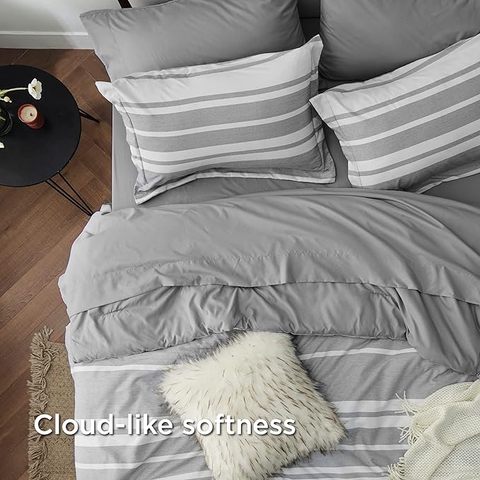 Bedsure California King Comforter Set Size 7 Pieces, Gray White Striped Cali King Bed Set All Season Bedding Sets, Bed in a Bag with Comforter, Sheets, Pillowcases & Shams