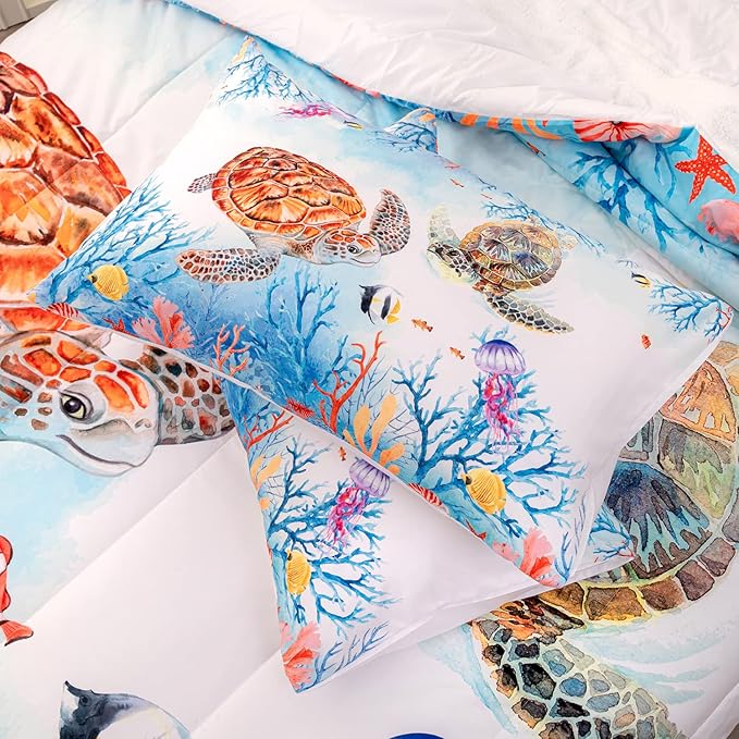 CVHOUSE Sea Turtle Comforter Set,Ocean Watercolor Sea Turtle Bedding Set for Kids Teens,Ocean Sea Turtle Comforter Sea Turtle Duvet Set Room Decor Quilt Set Twin Size