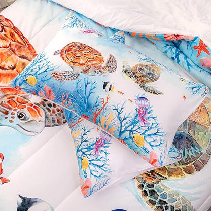 CVHOUSE Sea Turtle Comforter Set,Ocean Watercolor Sea Turtle Bedding Set for Kids Teens,Ocean Sea Turtle Comforter Sea Turtle Duvet Set Room Decor Quilt Set Queen Size