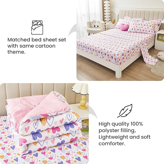 Mooreeke Full Size Comforter Sets for Girls Kids, 8 Pieces Bed in a Bag Pink Heart Bedding Comforter Sheet Set with Shams and Decorative Toy Pillow, Ultral Soft Microfiber Kids Bed Set