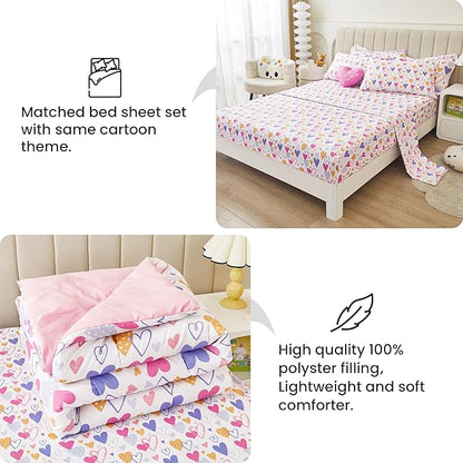 Mooreeke Twin Size Comforter Sets for Girls Kids, 6 Pieces Bed in a Bag Pink Heart Bedding Comforter Sheet Set with Shams and Decorative Toy Pillow, Ultral Soft Microfiber Kids Bed Set
