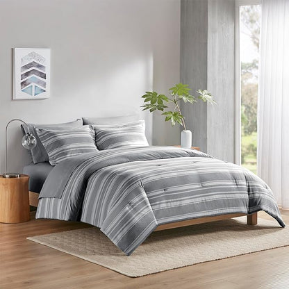 Full-size Bed in a Bag, Full Bedding Sets, Modern Farmhouse Grey and White Striped Comforter with Sheets, 7-Piece Complete Bedroom Set