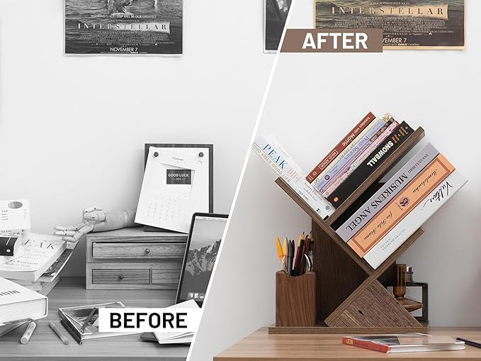 Labcosi 2 Tier Tree Bookshelf, Small Bookshelf for Storing Books/CDs, Wood Book Organizer Shelves for Home Office, Bedroom, Living Room, Rustic Brown
