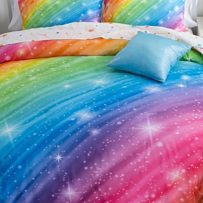 Btargot Super Soft 6 Pieces Gradient Star Ring Comforter Set, Colorful Glitter Rainbow Star Pattern Bedding Set for Boys Girls Teens,Queen Multicolor