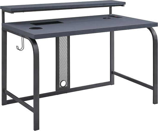 OSP Home Furnishings Reload Gaming Desk with Wireless Charging, USB Power Hub, and Remote Controlled RGB LED Lights, Matte Grey Carbon Fiber