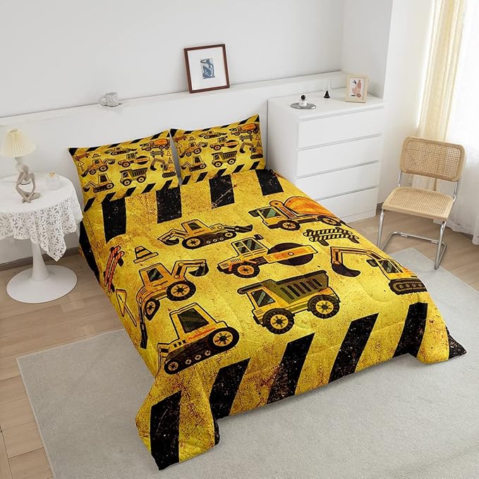 Tractor Bedding Set Full Size, Equipment Truck Comforter Set, Construction Excavator Down Comforter, Yellow Vehicle Super Soft Quilt Set For Kids Boys Teens, Construction Site Car Comforter Decor