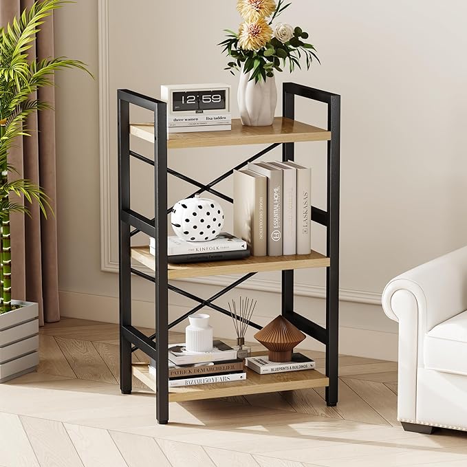 Bookshelf, 3 Tier Industrial Bookcase, Metal Small Bookcase, Rustic Etagere Book Shelf Storage Organizer for Living Room, Bedroom, and Home Office(Light Coffee) Patent Pending D29873033