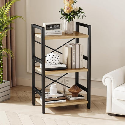 Bookshelf, 3 Tier Industrial Bookcase, Metal Small Bookcase, Rustic Etagere Book Shelf Storage Organizer for Living Room, Bedroom, and Home Office(Light Coffee) Patent Pending D29873033