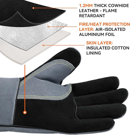 OZERO Welding Gloves: 932°F Heat Resistant Gloves, Black-Gray, 14 Inch | 1.2 mm Split Cowhide, Reinforced Palm, Long Cuff, for MIG TIG Stick Forge BBQ Grill Fireplace Fire Pit Wood Stove Oven