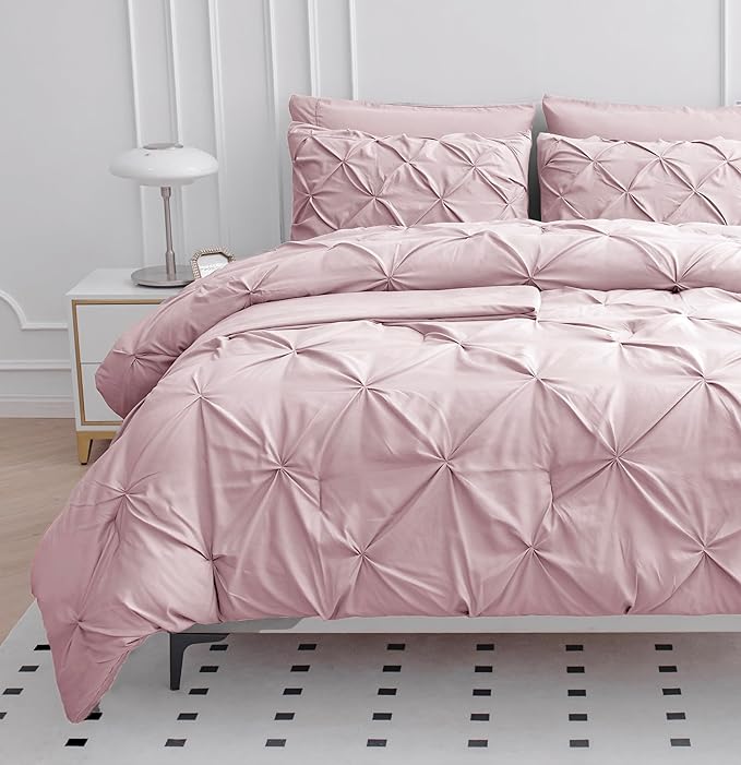 LANE LINEN Full Size Bed Set, 7 Piece Full Size Bed in a Bag Set, Soft Bedding Sets Full Size, Pintuck Full Bed Set, Full Size Comforter Sets for Girls with Sheets, Pillowcases & Shams - Sepia Rose