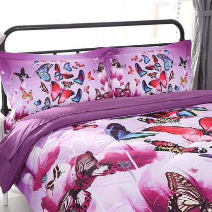 ENCOFT Pink and Purple Butterfly Comforter Set Twin, 3 Pieces Soft Microfiber Lightweight Butterfly Twin Bed Comforter Set, Extra Long Twin XL Comforter for Girls, Teen, 68"x92"