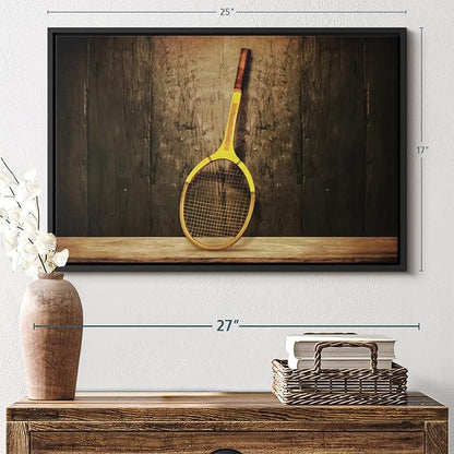 ElephantStock Vintage Tennis Racket Wall Art - Horizontal Framed Canvas - 1-Piece Living Room Wall Decor - Photography Sports Canvas Print - Brown and Black Decor for Wall - 25" X 17"