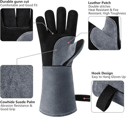 OZERO Welding Gloves: 932°F Heat Resistant Gloves, Black-Gray, 14 Inch | 1.2 mm Split Cowhide, Reinforced Palm, Long Cuff, for MIG TIG Stick Forge BBQ Grill Fireplace Fire Pit Wood Stove Oven