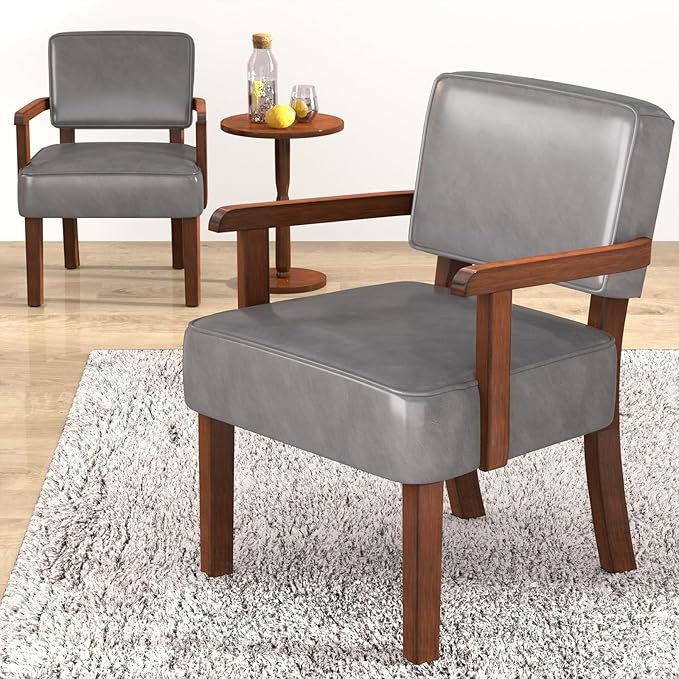 Accent Chair, PU Leather Oversized Living Room Chairs with Soft Seat and Armrests, Armchair for Bedroom, Dinning, Reading and Waiting Rooms (Leather Gray)