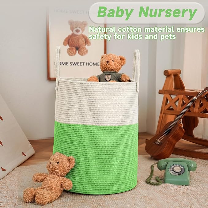 Large Woven Laundry Basket Hamper,80L Cotton Rope Storage Bin for Blankets,Toys and Clothes,Decorative Tall Nursery Hamper for Living Room,Baby Nursery,Bathroom and Bedroom,Light Green
