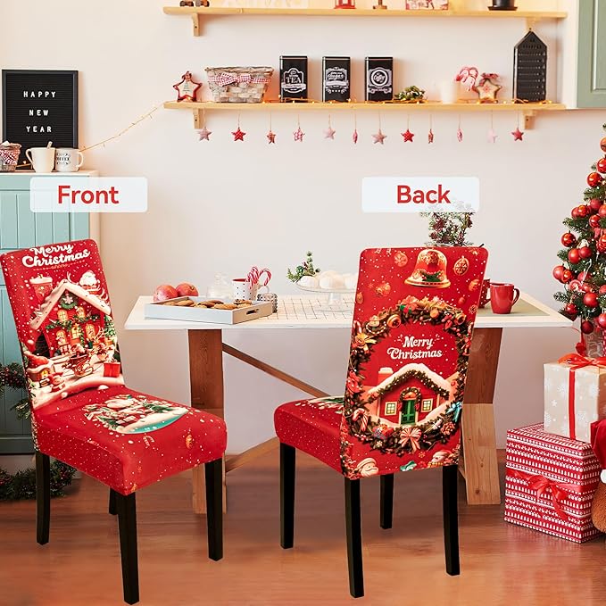 4PCS Christmas Dining Chair Covers Stretch Removable Washable Dining Room Chair Protector Slipcovers Santa Claus House Wreaths Kitchen Chair Cover Slipcover Protector for Xmas Holiday Party Home Décor