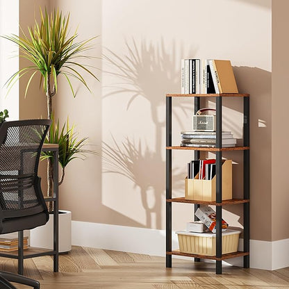 TUTOTAK Bookshelf, 4-Tier Tall Book Shelf, Narrow Bookcase for Small Space, DIY Stackable Bookshelf, for Living Room, Office, Study, Entryway, Industrial, Rustic Brown BS01BB004