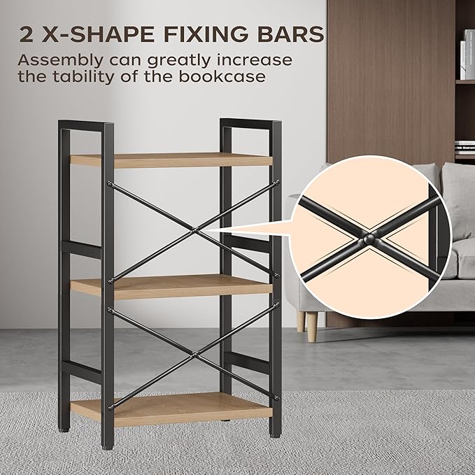 Bookshelf, 3 Tier Industrial Bookcase, Metal Small Bookcase, Rustic Etagere Book Shelf Storage Organizer for Living Room, Bedroom, and Home Office(Light Coffee) Patent Pending D29873033