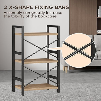 Bookshelf, 3 Tier Industrial Bookcase, Metal Small Bookcase, Rustic Etagere Book Shelf Storage Organizer for Living Room, Bedroom, and Home Office(Light Coffee) Patent Pending D29873033