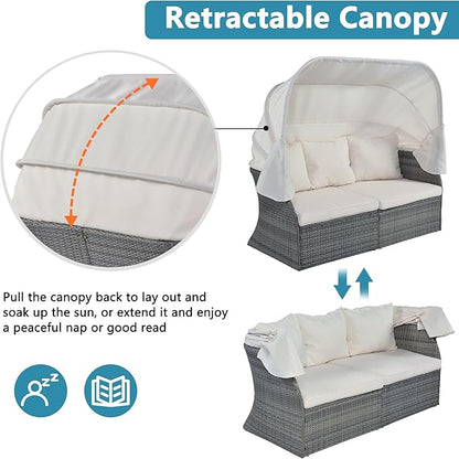 Rectangle Furniture Daybed Sunbed with Retractable Canopy, Outdoor Wicker Conversation Set with Cushions for Patio, Backyard, Porch, Garden, Hc-Beige