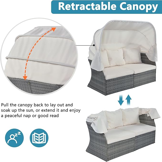Rectangle Furniture Daybed Sunbed with Retractable Canopy, Outdoor Wicker Conversation Set with Cushions for Patio, Backyard, Porch, Garden, Hb-Beige