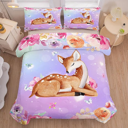 NINENINE Cute Deer Bedding for Girls Kawaii Deer Comforter Sets for Girls,Pink Deer Bedding Twin Bedding Set for Kids Girls,Watercolor Wildlife Comforter with 1 Comforter 1 Pillowcase…