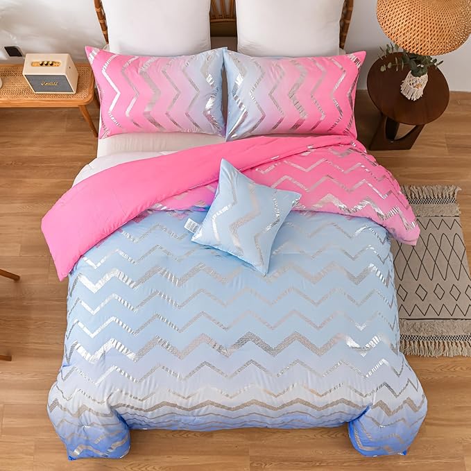 Girls Comforter Set Queen Size Ombre Pink Purple Bedding Colorful Rainbow Comforter for Kids Teen Women,4 Pieces (1 Comforter,2 Pillowcase,1 Decorative Pillow Sham)