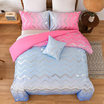 Girls Comforter Set Queen Size Ombre Pink Purple Bedding Colorful Rainbow Comforter for Kids Teen Women,4 Pieces (1 Comforter,2 Pillowcase,1 Decorative Pillow Sham)