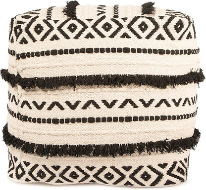 REDEARTH · Tufted Pouf Ottoman with Filler Textured Storage Cube Bean Bag Pouffe Footrest for Living Room, Bedroom, Nursery, Kidsroom; 100% Cotton (17.5"X17.5"X17.5", Geometric Craft Black)
