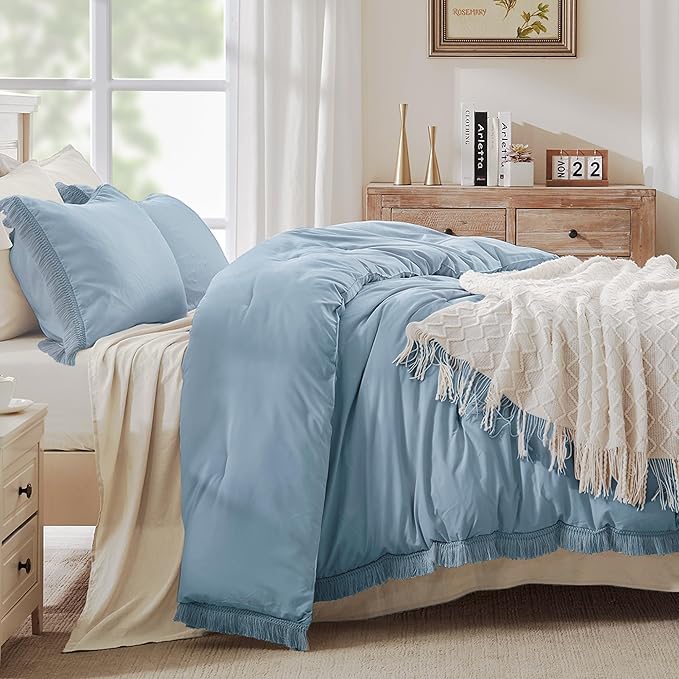 Andency Grayish Blue Comforter Set Twin Size, 2 Pieces Boho Tassel Lightweight Bedding Comforter Sets, All Season Soft Fluffy Fringe Bed Set (66x90In Comforter & 1 Pillowcase)