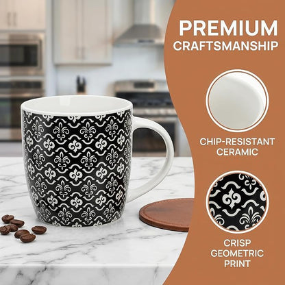 Okllen 6 Pack 11.5 Oz Coffee Mugs Geometric Textured, Ceramic Coffee Mugs Stylish Tea Cup Mugs Set Gift for Latte, Cappuccino, Milk, Water, Cocoa, Cereal, Black and White