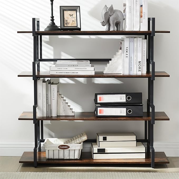 4-Tier Bookshelf-Industrial Bookcase, Rustic Open Book Shelf, Vintage Freestanding Bookshelves, Metal Frame and Solid Wood, Living room, Office, Bedroom Storage
