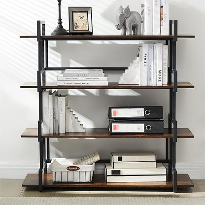 4-Tier Bookshelf-Industrial Bookcase, Rustic Open Book Shelf, Vintage Freestanding Bookshelves, Metal Frame and Solid Wood, Living room, Office, Bedroom Storage