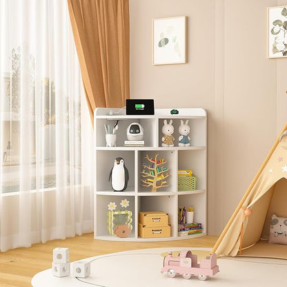 Vecelo Corner Cabinet with Charging Station, 3-Tier Bookcase Cube Storage Organizer with USB Outlets, Triangle Corner Bookcases with 8 Cubbies for Playroom, Bedroom, Living Room, Pearl White